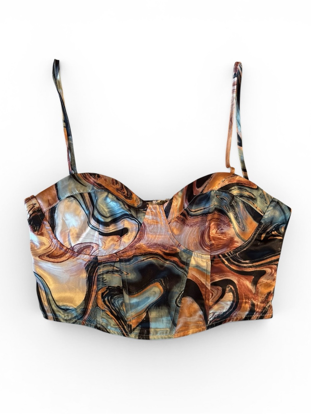 Kendall & Kylie Marble Print Satin Crop Top in Blue, Copper, Black